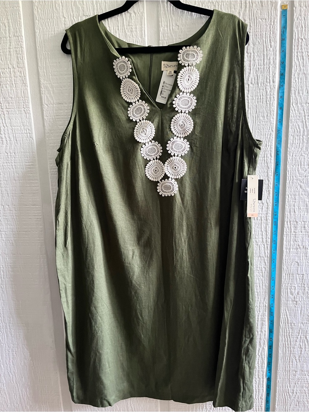 52seve Olive Midi Dress with White Crochet Medallion Trim
